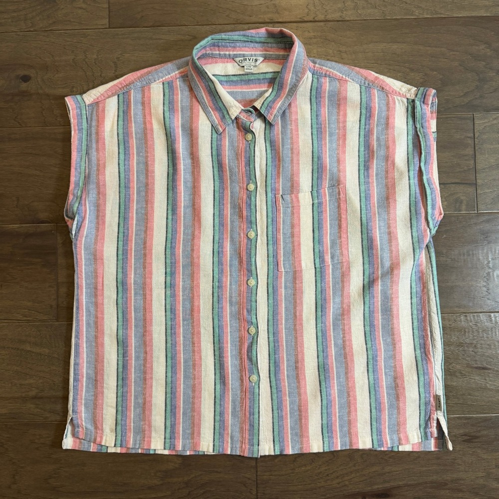 Orvis Womens Linen Blend Striped Sleeveless Button Down Shirt Multicolor‎ Large